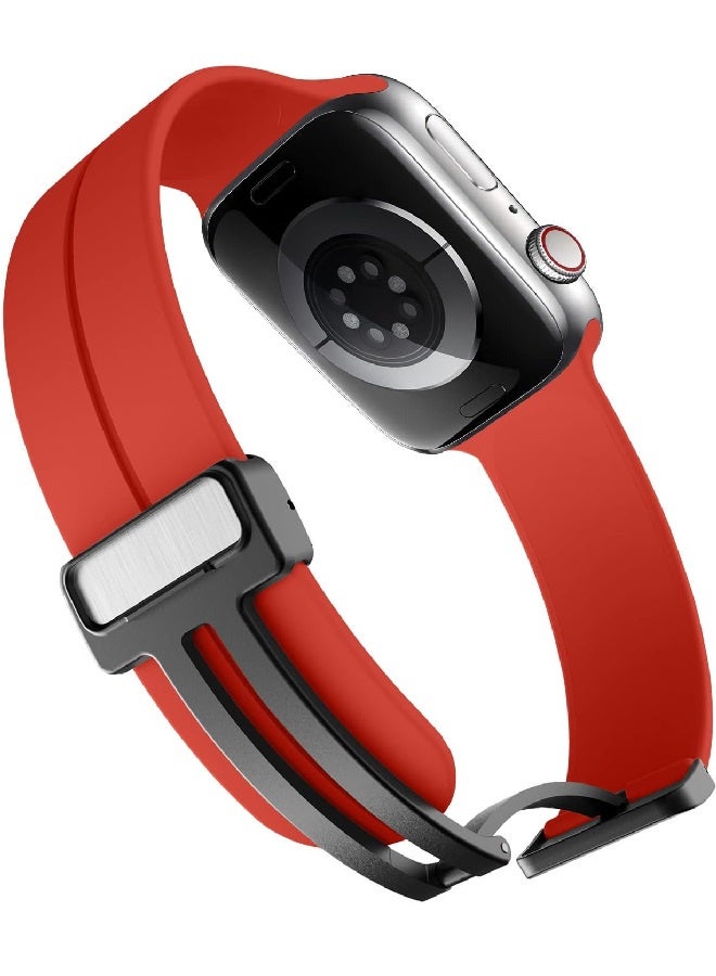 Replacement silicone sports wristband, black, with a magnetic D-shaped clasp 42/44/45/49mm, compatible with Apple Watch series SE/11/10/9/8/7/6/5/4/3 - Red - Image 4